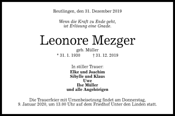Anzeige von Leonore Mezger von Reutlinger General-Anzeiger