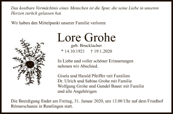 Anzeige von Lore Grohe von Reutlinger General-Anzeiger