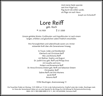 Anzeige von Lore Reiff von Reutlinger General-Anzeiger