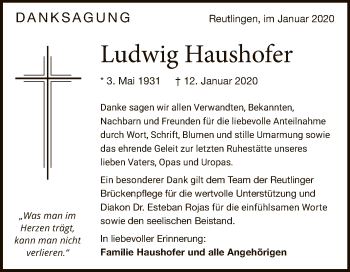 Anzeige von Ludwig Haushofer von Reutlinger General-Anzeiger