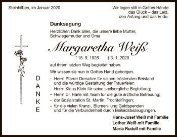 Anzeige von Margaretha Weiß von Reutlinger General-Anzeiger