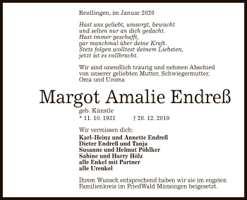 Anzeige von Margot Amalie Endreß von Reutlinger General-Anzeiger