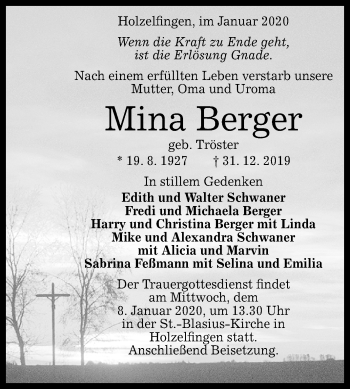 Anzeige von Mina Berger von Reutlinger General-Anzeiger