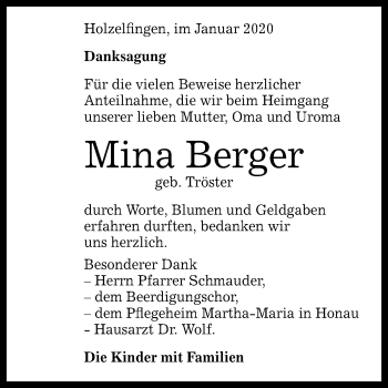 Anzeige von Mina Berger von Reutlinger General-Anzeiger