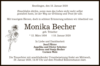 Anzeige von Monika Becher von Reutlinger General-Anzeiger