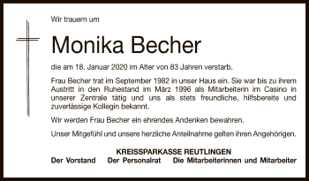 Anzeige von Monika Becher von Reutlinger General-Anzeiger