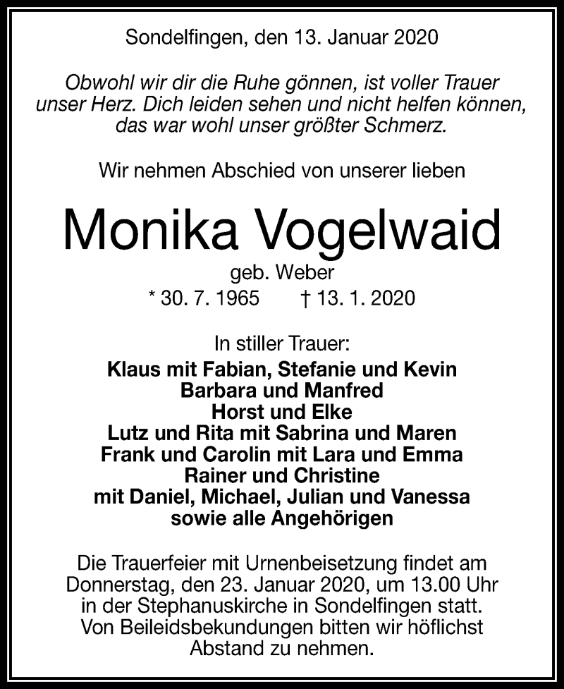  Traueranzeige für Monika Vogelwaid vom 20.01.2020 aus Reutlinger General-Anzeiger