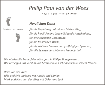 Anzeige von Philip Paul van der Wees von Reutlinger General-Anzeiger