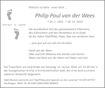 Anzeige von Philip Paul van der Wees von Reutlinger General-Anzeiger