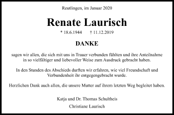 Anzeige von Renate Laurisch von Reutlinger General-Anzeiger