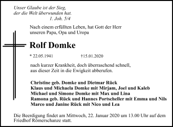 Anzeige von Rolf Domke von Reutlinger General-Anzeiger