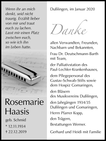 Anzeige von Rosemarie Haasis von Reutlinger General-Anzeiger