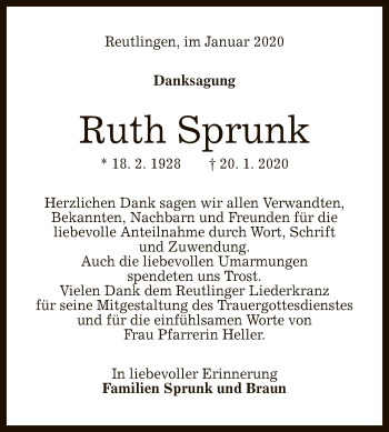 Anzeige von Ruth Sprunk von Reutlinger General-Anzeiger