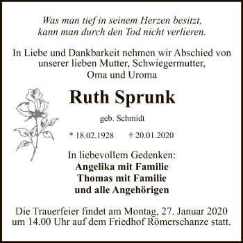 Anzeige von Ruth Sprunk von Reutlinger General-Anzeiger