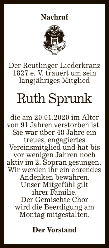 Anzeige von Ruth Sprunk von Reutlinger General-Anzeiger