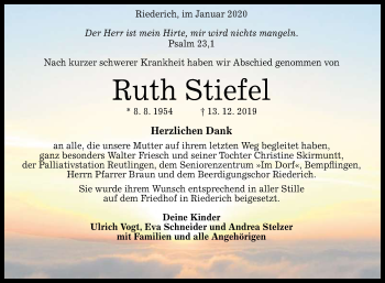 Anzeige von Ruth Stiefel von Reutlinger General-Anzeiger