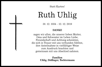 Anzeige von Ruth Uhlig von Reutlinger General-Anzeiger