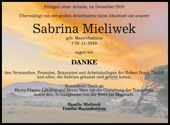 Anzeige von Sabrina Mieliwek von Reutlinger General-Anzeiger