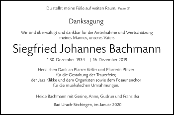 Anzeige von Siegfried Johannes Bachmann von Reutlinger General-Anzeiger