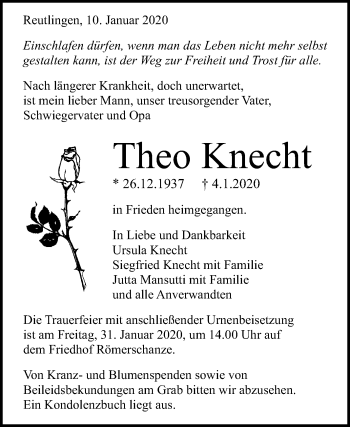 Anzeige von Theo Knecht von Reutlinger General-Anzeiger