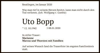 Anzeige von Uto Bopp von Reutlinger General-Anzeiger