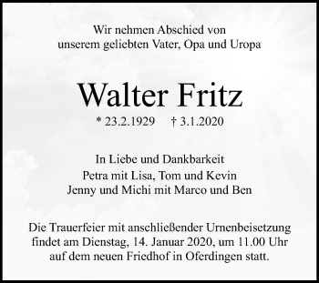 Anzeige von Walter Fritz von Reutlinger General-Anzeiger