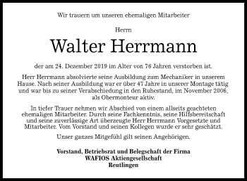 Anzeige von Walter Herrmann von Reutlinger General-Anzeiger