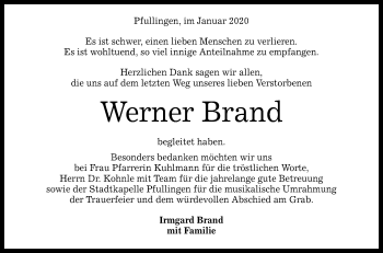 Anzeige von Werner Brand von Reutlinger General-Anzeiger