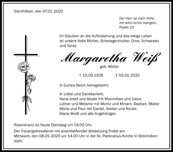 Anzeige von Margaretha Weiß 