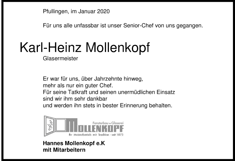  Traueranzeige für Karl-Heinz Mollenkopf vom 07.01.2020 aus Reutlinger General-Anzeiger