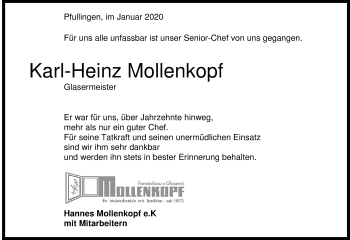 Anzeige von Karl-Heinz Mollenkopf von Reutlinger General-Anzeiger