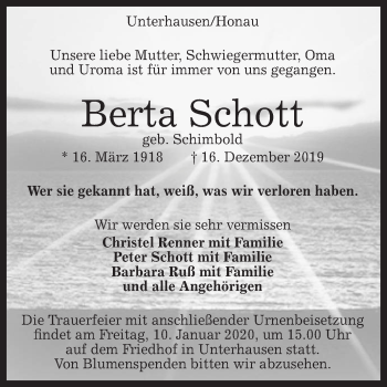 Anzeige von Berta Schott von Reutlinger General-Anzeiger