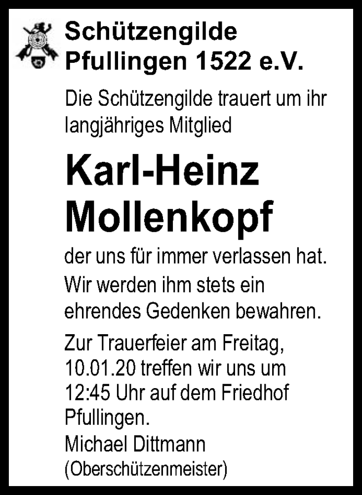  Traueranzeige für Karl-Heinz Mollenkopf vom 07.01.2020 aus Reutlinger General-Anzeiger
