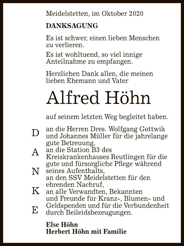  Traueranzeige für Alfred Höhn vom 28.10.2020 aus Reutlinger General-Anzeiger