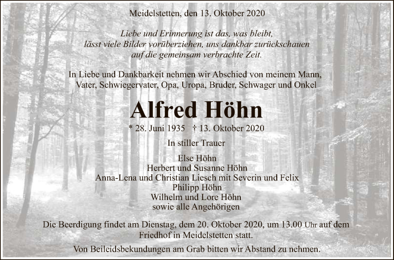  Traueranzeige für Alfred Höhn vom 16.10.2020 aus Reutlinger General-Anzeiger