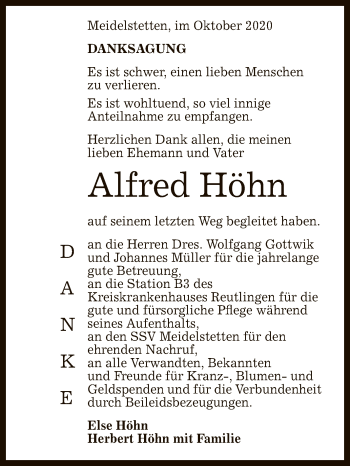 Anzeige von Alfred Höhn von Reutlinger General-Anzeiger