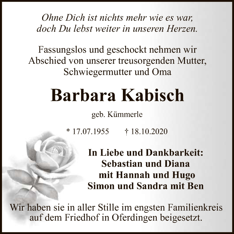  Traueranzeige für Barbara Kabisch vom 24.10.2020 aus Reutlinger General-Anzeiger