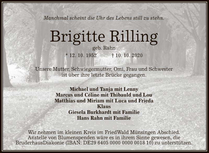  Traueranzeige für Brigitte Rilling vom 17.10.2020 aus Reutlinger General-Anzeiger