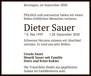 Anzeige von Dieter Sauer von Reutlinger General-Anzeiger