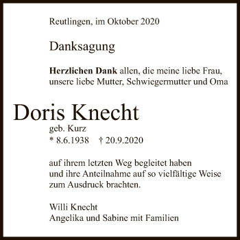Anzeige von Doris Knecht von Reutlinger General-Anzeiger