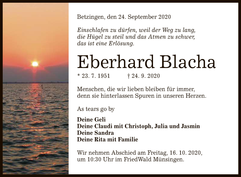  Traueranzeige für Eberhard Blacha vom 13.10.2020 aus Reutlinger General-Anzeiger