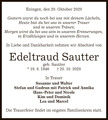 Anzeige von Edeltraud Sautter von Reutlinger General-Anzeiger