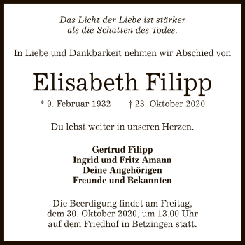 Anzeige von Elisabeth Filipp von Reutlinger General-Anzeiger