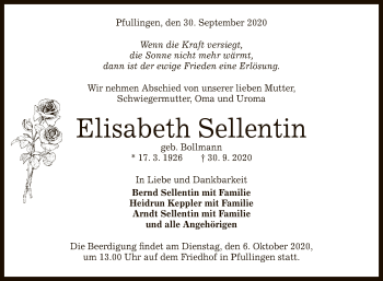 Anzeige von Elisabeth Sellentin von Reutlinger General-Anzeiger