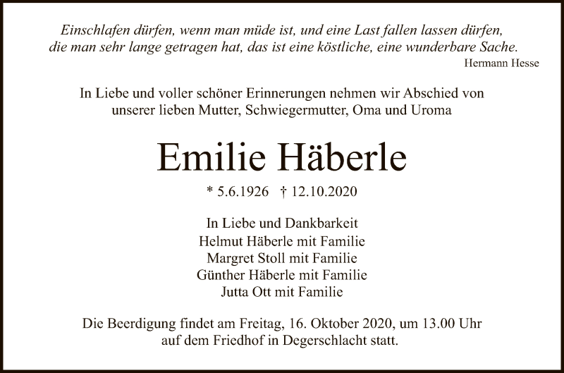  Traueranzeige für Emilie Häberle vom 14.10.2020 aus Reutlinger General-Anzeiger