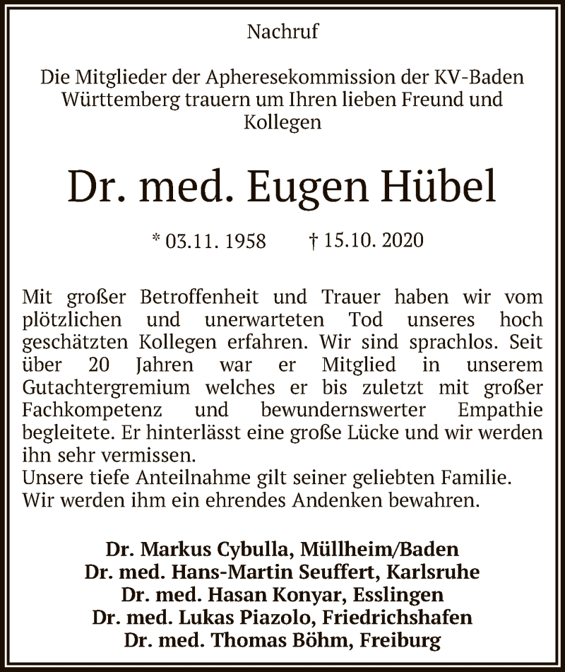  Traueranzeige für Eugen Hübel vom 24.10.2020 aus Reutlinger General-Anzeiger