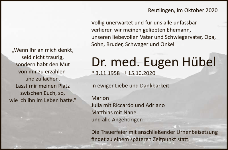  Traueranzeige für Eugen Hübel vom 21.10.2020 aus Reutlinger General-Anzeiger