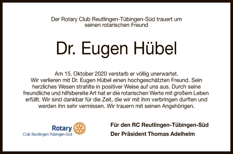  Traueranzeige für Eugen Hübel vom 21.10.2020 aus Reutlinger General-Anzeiger