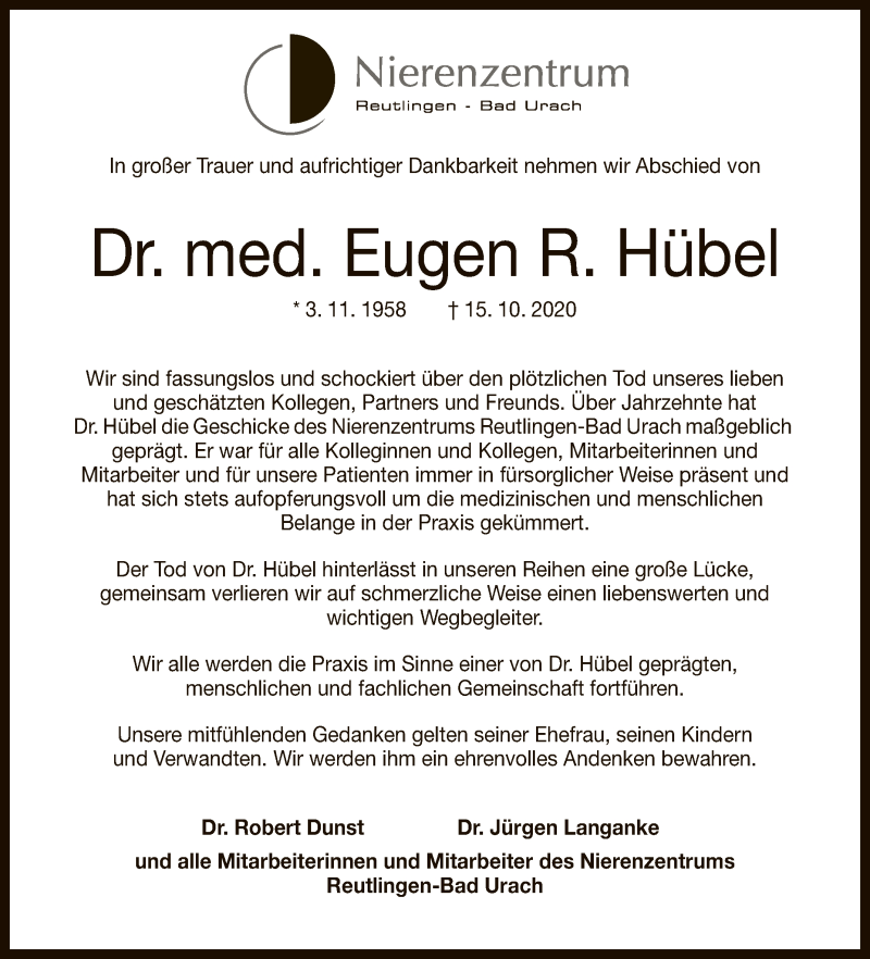  Traueranzeige für Eugen R. Hübel vom 21.10.2020 aus Reutlinger General-Anzeiger