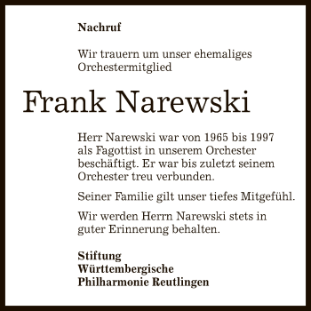Anzeige von Frank Narewski von Reutlinger General-Anzeiger